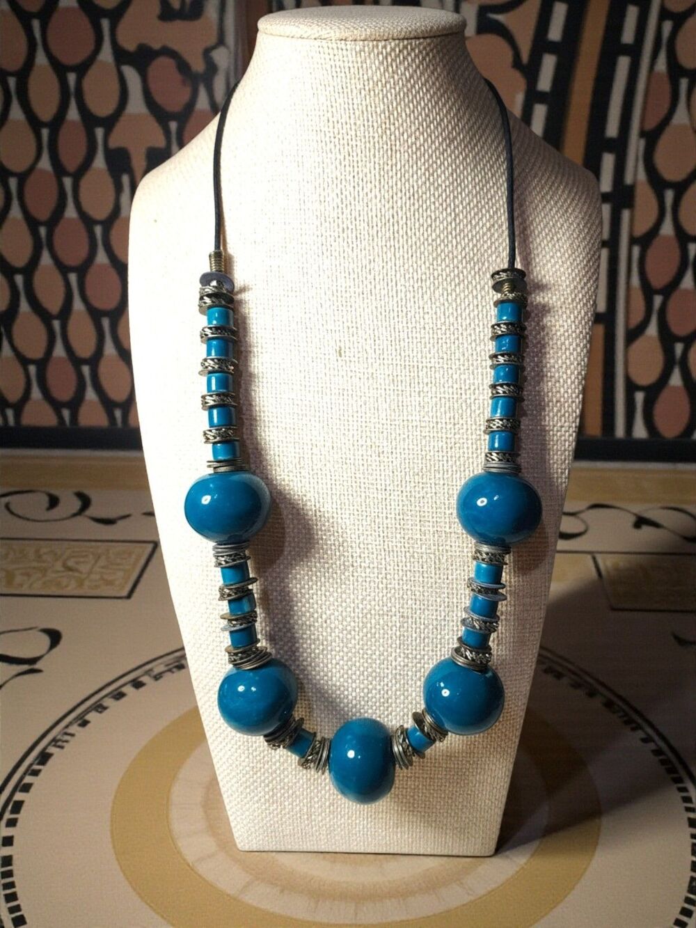 Vintage Studio Art Pottery Teal Bead Necklace Bronze Spacers Artisan